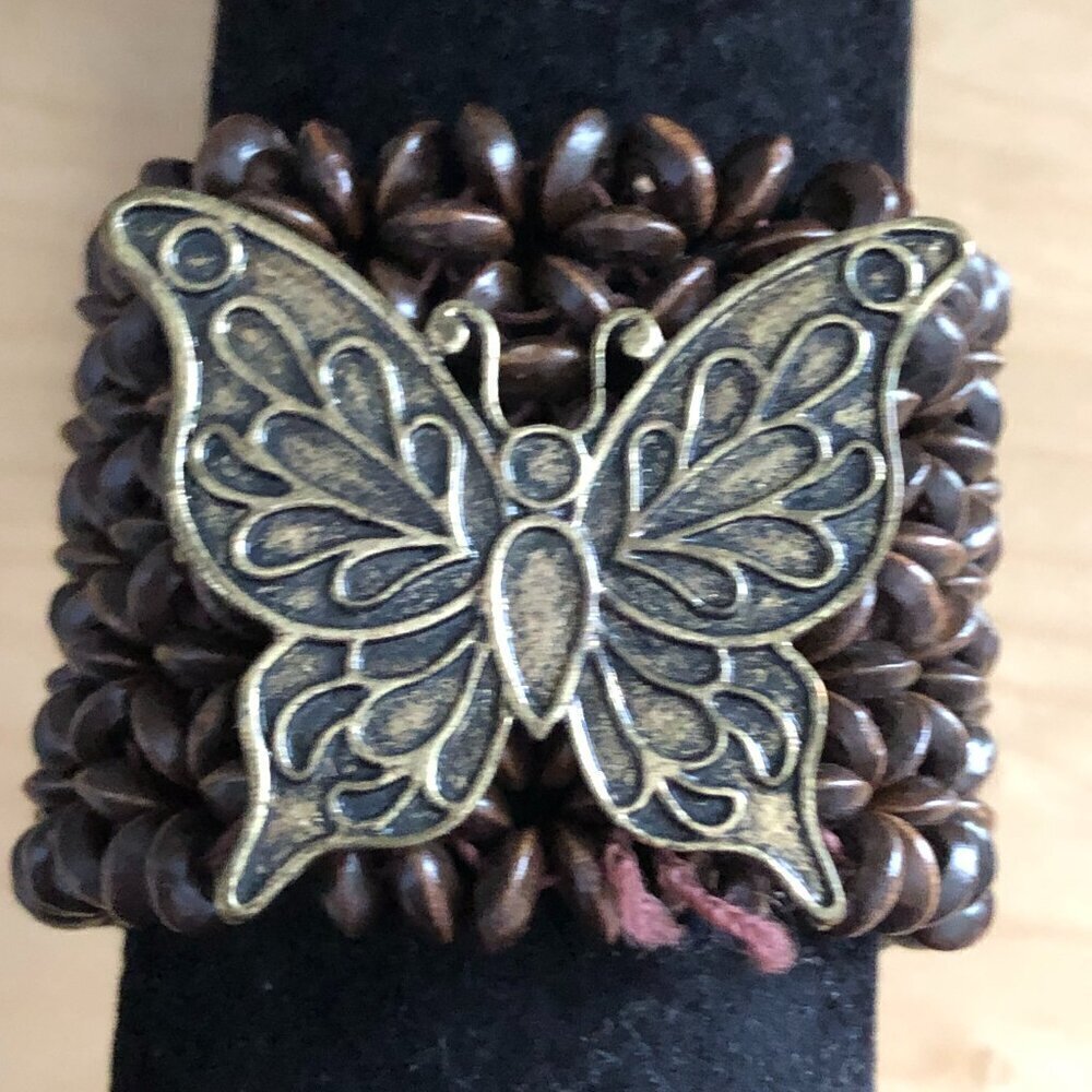 Hawaiian Koa Seed Brown & Gold Butterfly Chunky Wide Cuff Bracelet Whimsy Boho